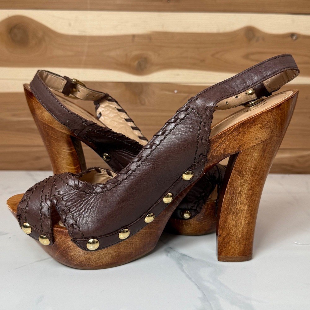 Dione Chuncky Wooden Heel Platform Sandals Leather Straps Brown Size 7.5 - Picture 9 of 13
